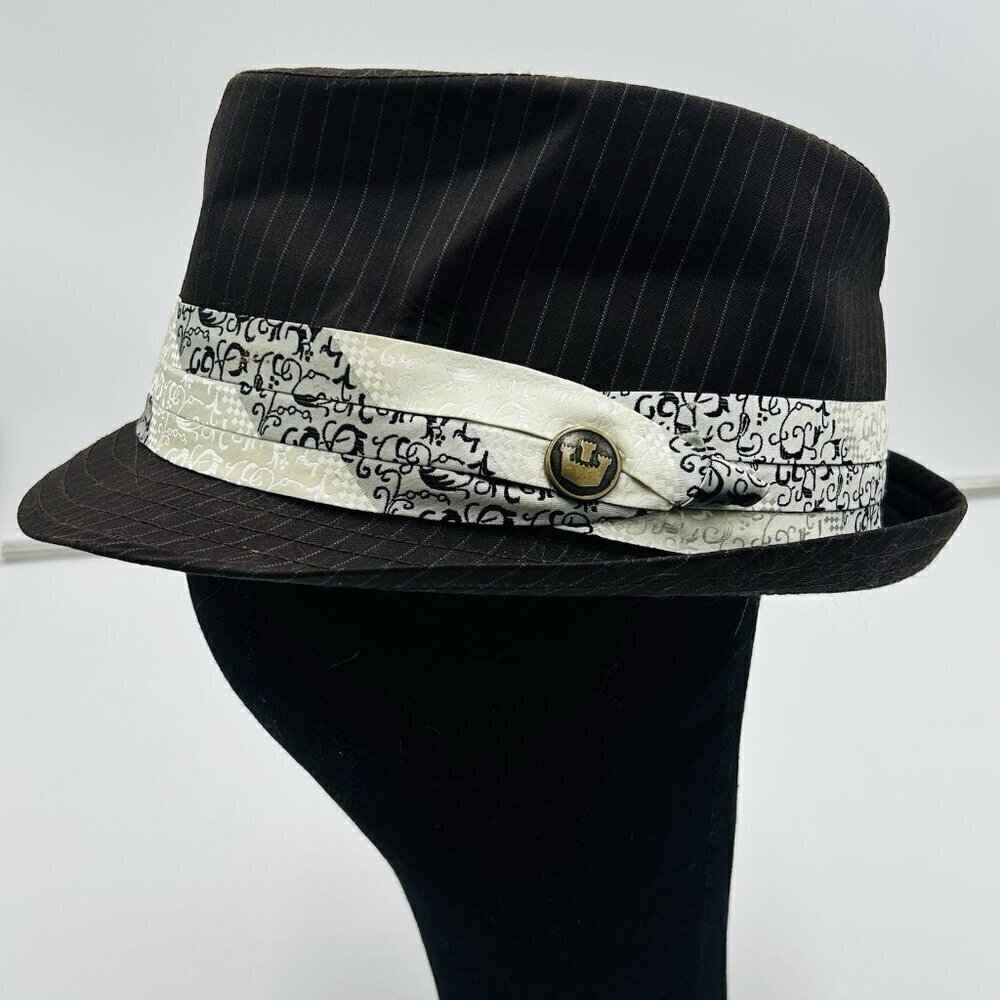 Goorin Bros Fedora Hat Cap Mens Sz M Brown Pinstripe w Satin Band Wool Blend
